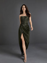 STRAPLESS SATIN SPLIT MAXI DRESS