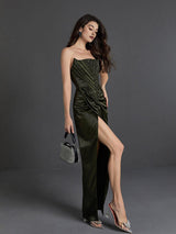 STRAPLESS SATIN SPLIT MAXI DRESS