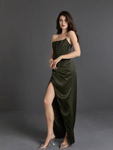 STRAPLESS SATIN SPLIT MAXI DRESS