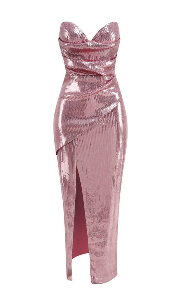 STRAPLESS SEQUIN SPLIT MAXI DRESS