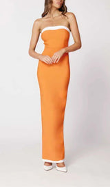 STRAPLESS SLIT MAXI BANDAGE DRESS