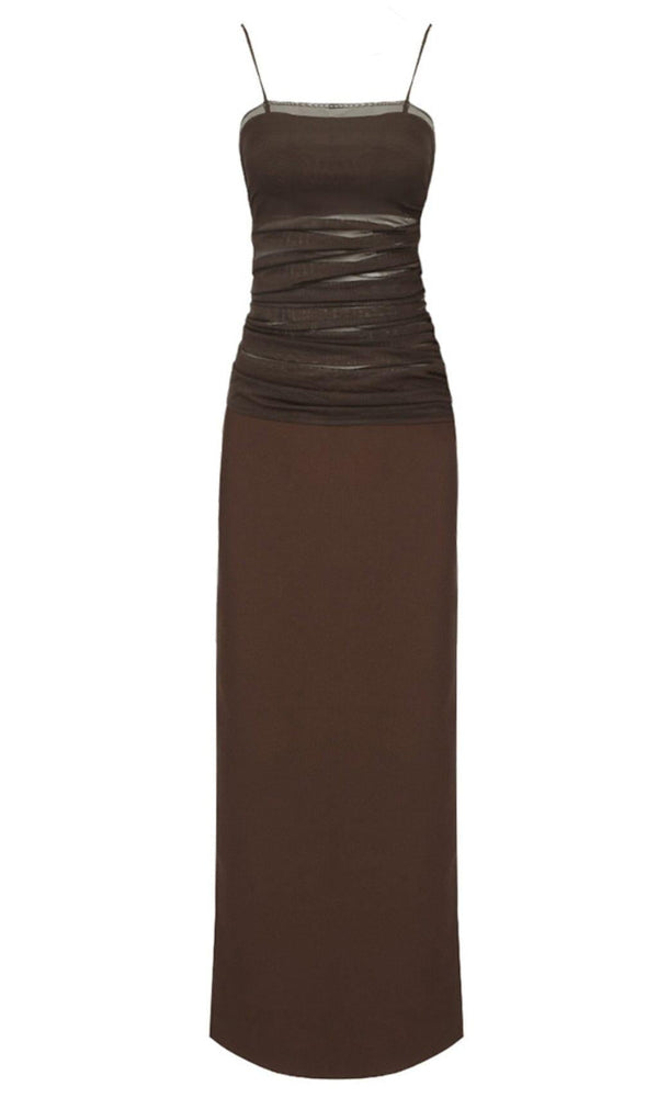 STRAPPY MESH MAXI DRESS IN BROWN