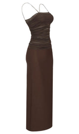 STRAPPY MESH MAXI DRESS IN BROWN