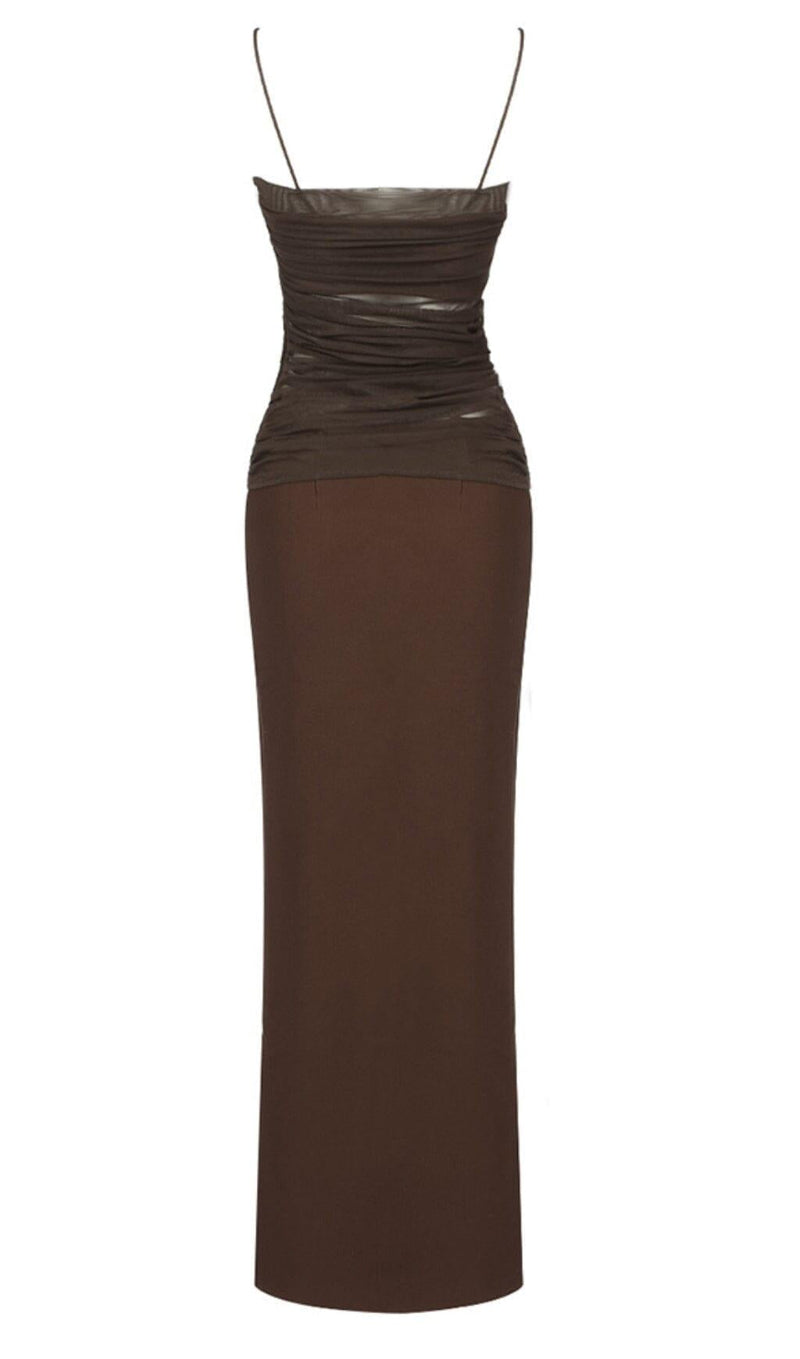 STRAPPY MESH MAXI DRESS IN BROWN