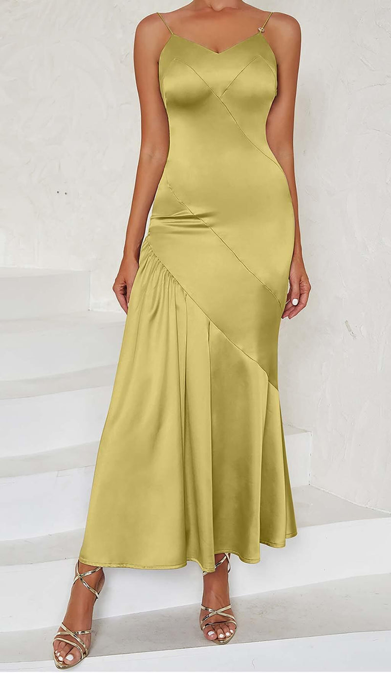 STRAPPY SATIN MIDI DRESS IN PALE OCHRE