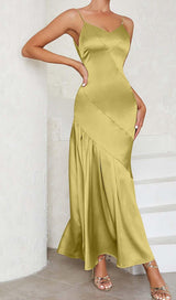 STRAPPY SATIN MIDI DRESS IN PALE OCHRE