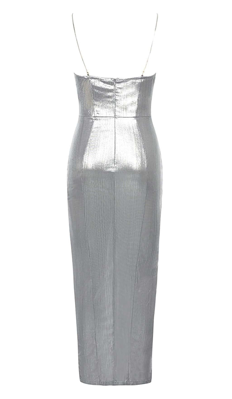 STRAPPY SPILT MIDI DRESS IN METALLIC SILVER