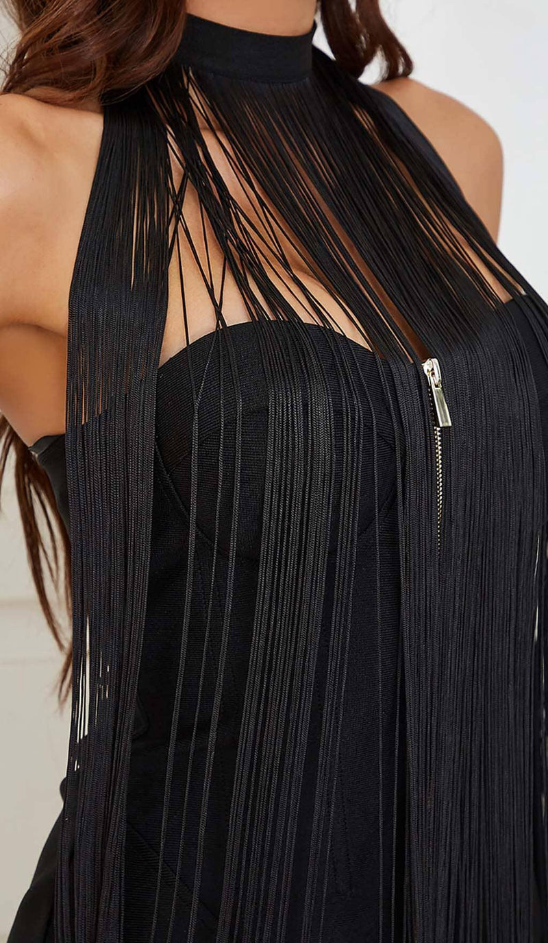 TASSEL HALTER BANDAGE MIDI DRESS IN BALCK