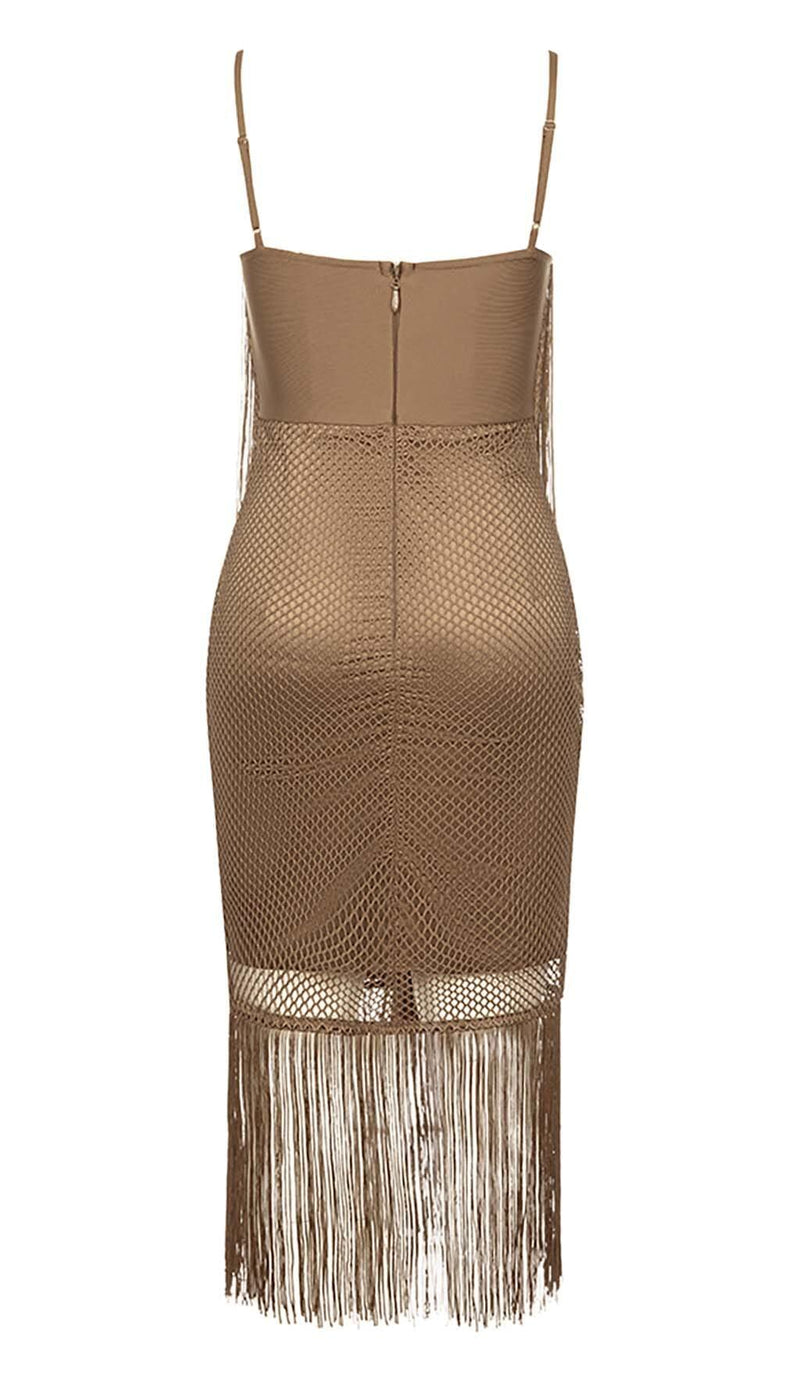 TASSEL MESH MIDI DRESS IN BROWN