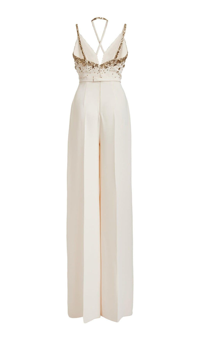 V-NECK SEQUIN HALTER JUMPSUIT IN WHITE