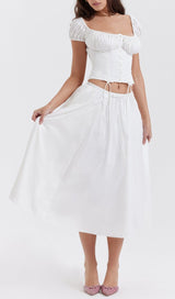 WHITE GATHERED MIDI SET DRESS