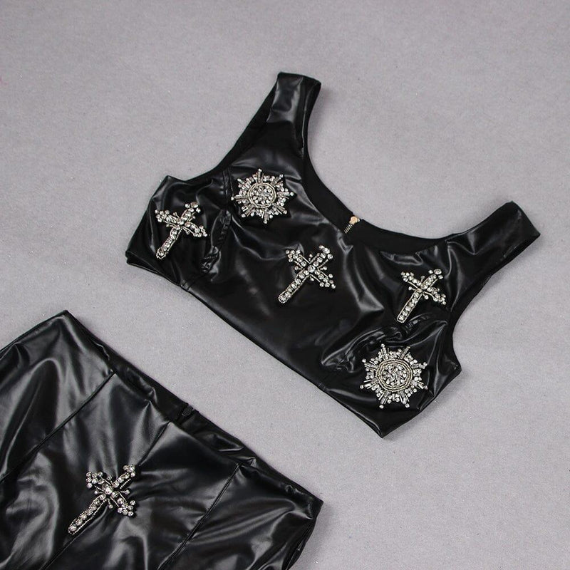 CRYSTAL EMBELLISHMENTS LEATHER TWO PIECE SUIT IN BLACK