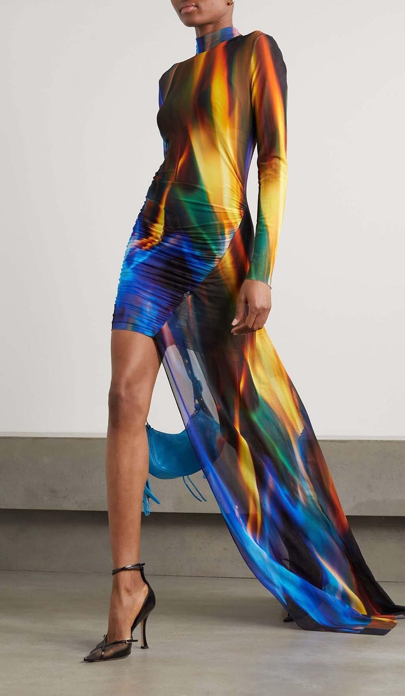 ASYMMETRIC PRINT FRONT MINI DRESS IN COLORFUL