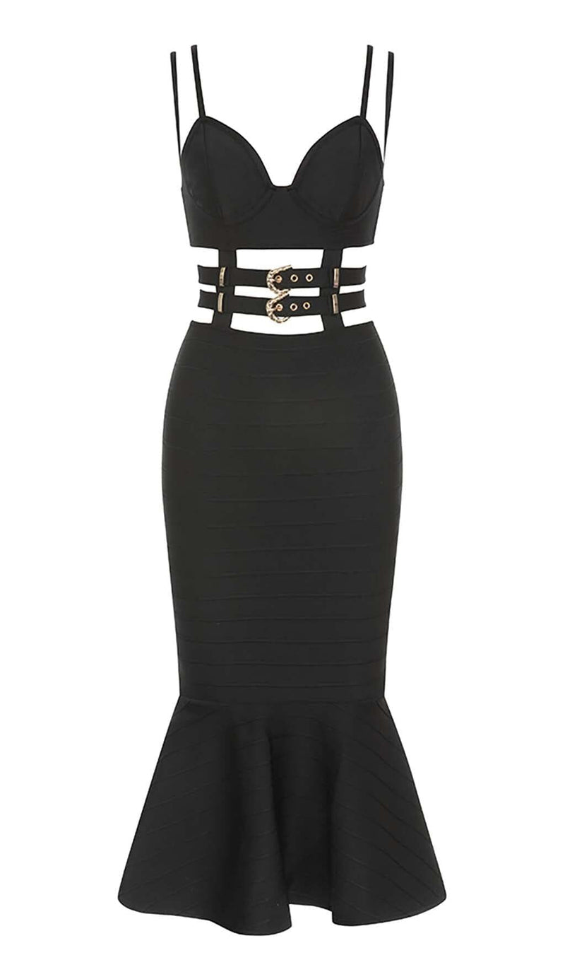 BUCKLE BANDAGE MIDI DRESS IN BLACK