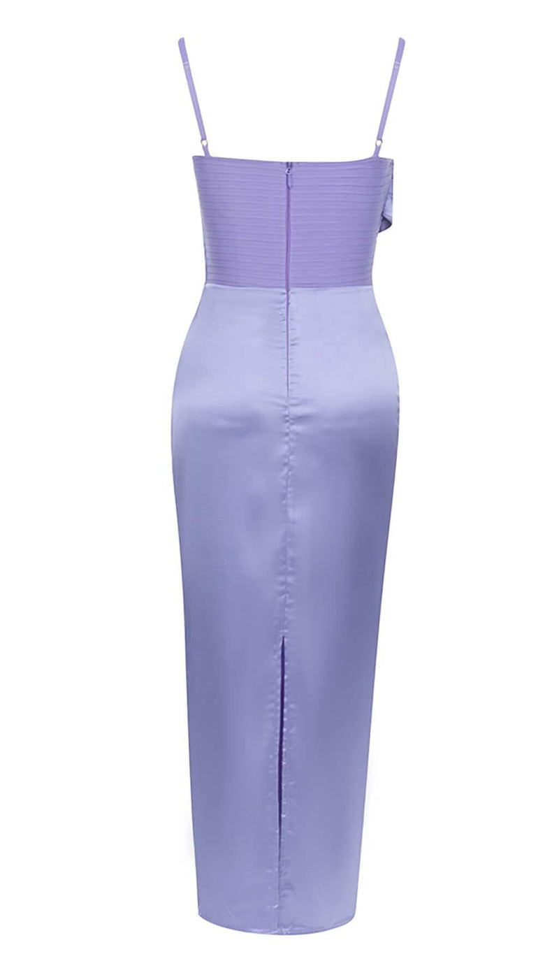 COWL NECK SATIN SPLIT THIGH MIDI DRESS IN ORCHID