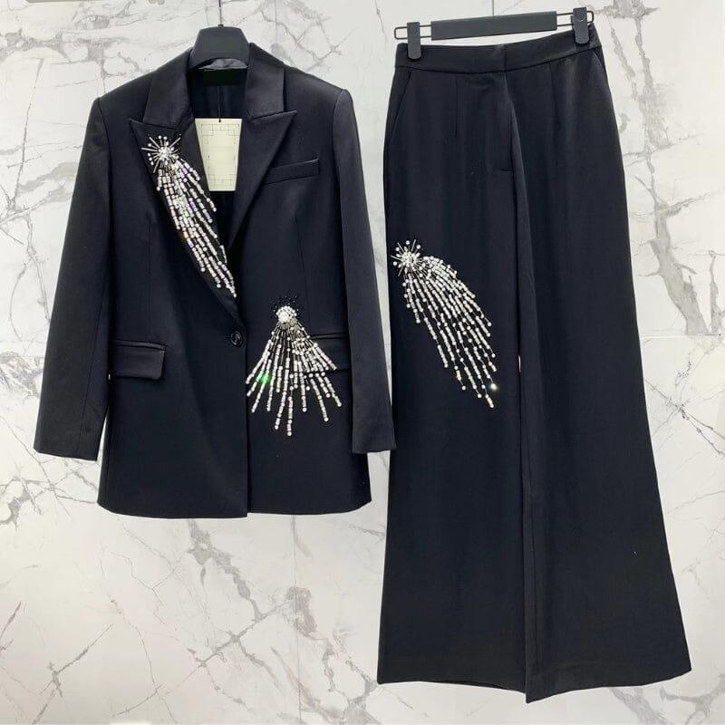 CRYSTAL EMBELLISHED CREPE SUIT SET IN BLACK