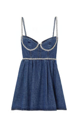 CRYSTAL-EMBELLISHED DENIM MINI DRESS IN BLUE