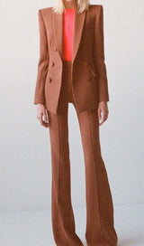 DOUBLE-BREASTED WIDE LEG JACKET SUIT IN BROWN