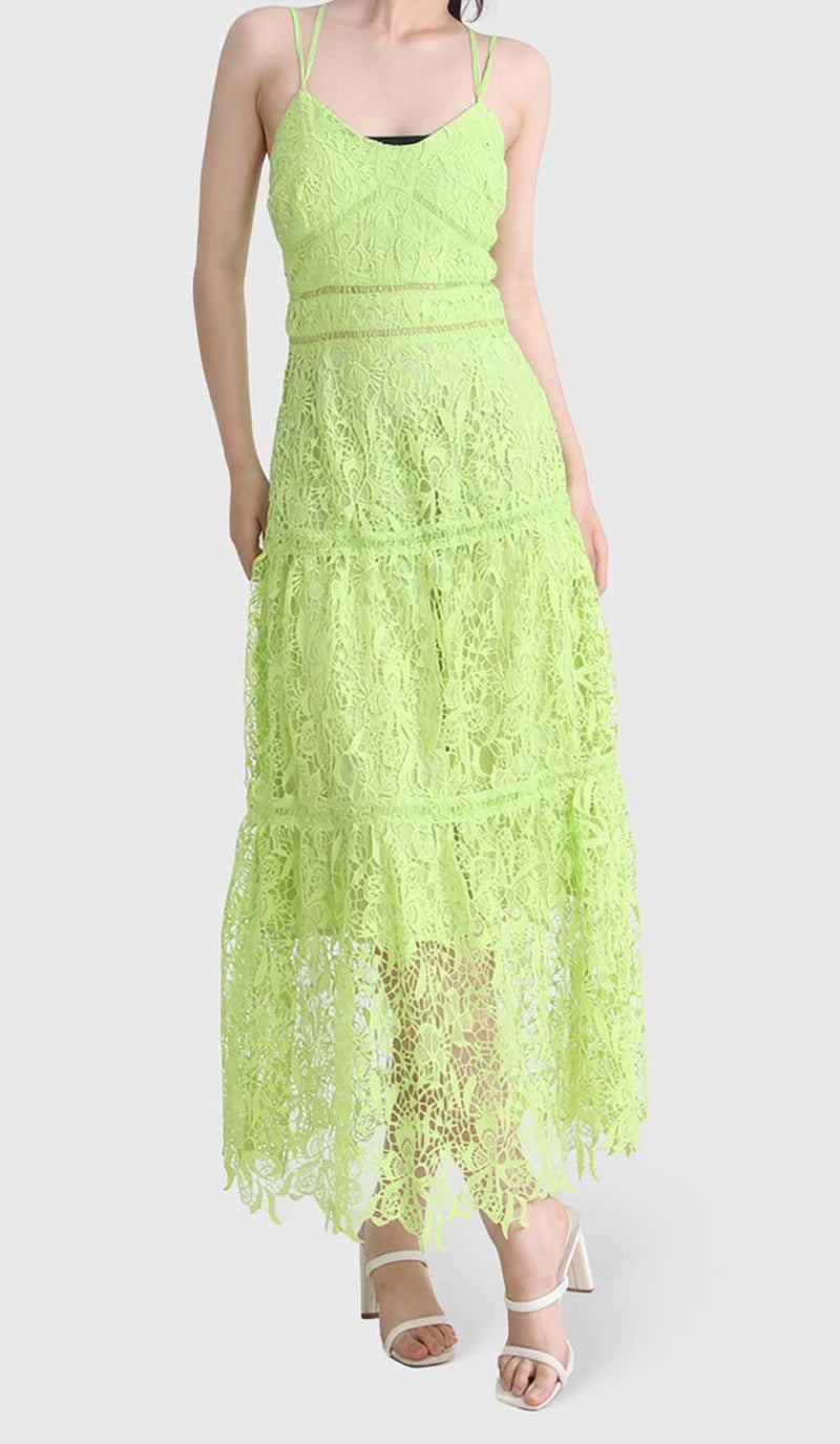 EMBROIDERY STRAPPY MIDI DRESS IN GREEN