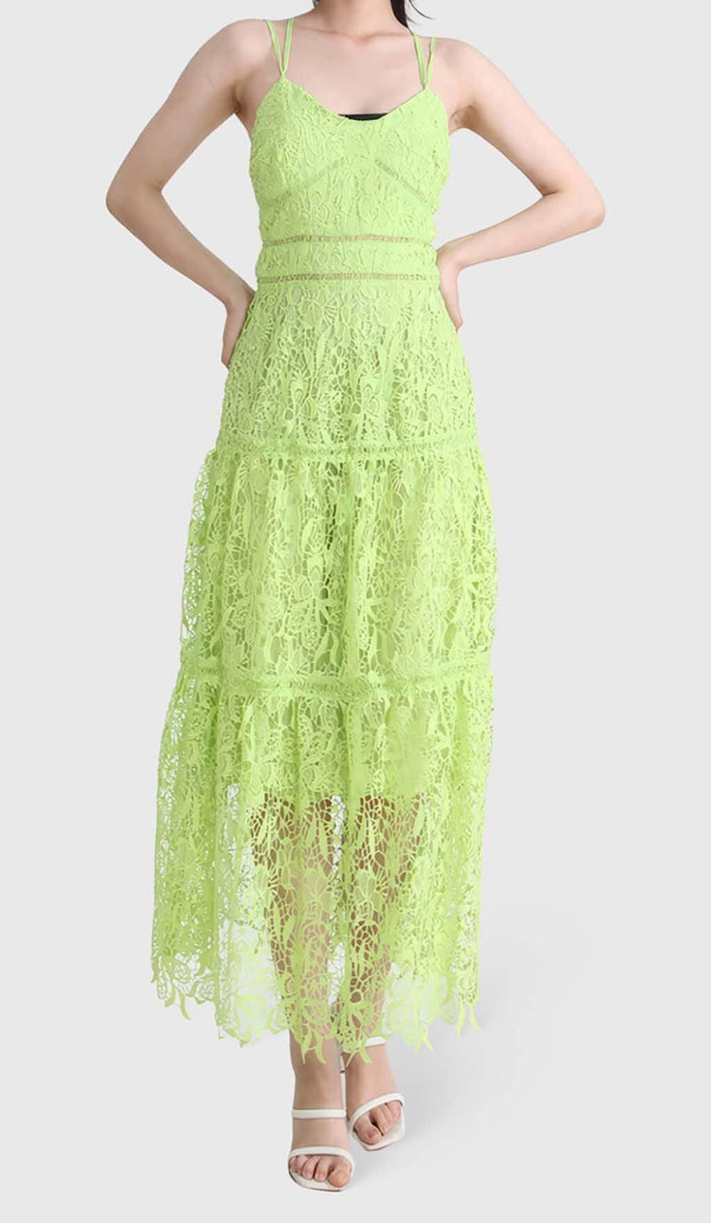 EMBROIDERY STRAPPY MIDI DRESS IN GREEN