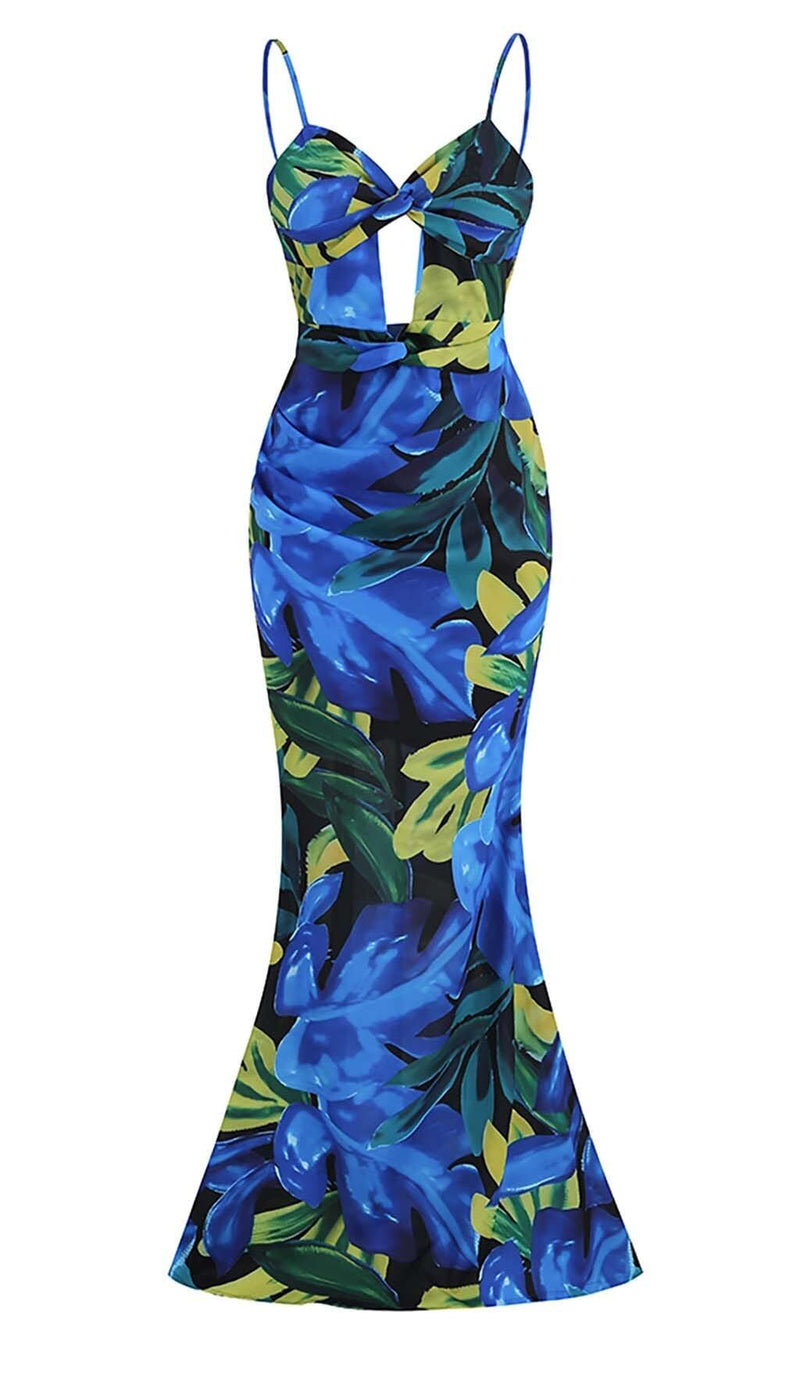 FLORAL BACKLESS MAXI DRESS IN BLUE