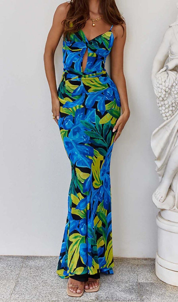 FLORAL BACKLESS MAXI DRESS IN BLUE