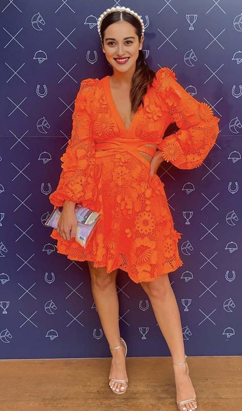 FLORAL TEXTURES CUTOUT MINI DRESS IN NEON ORANGE