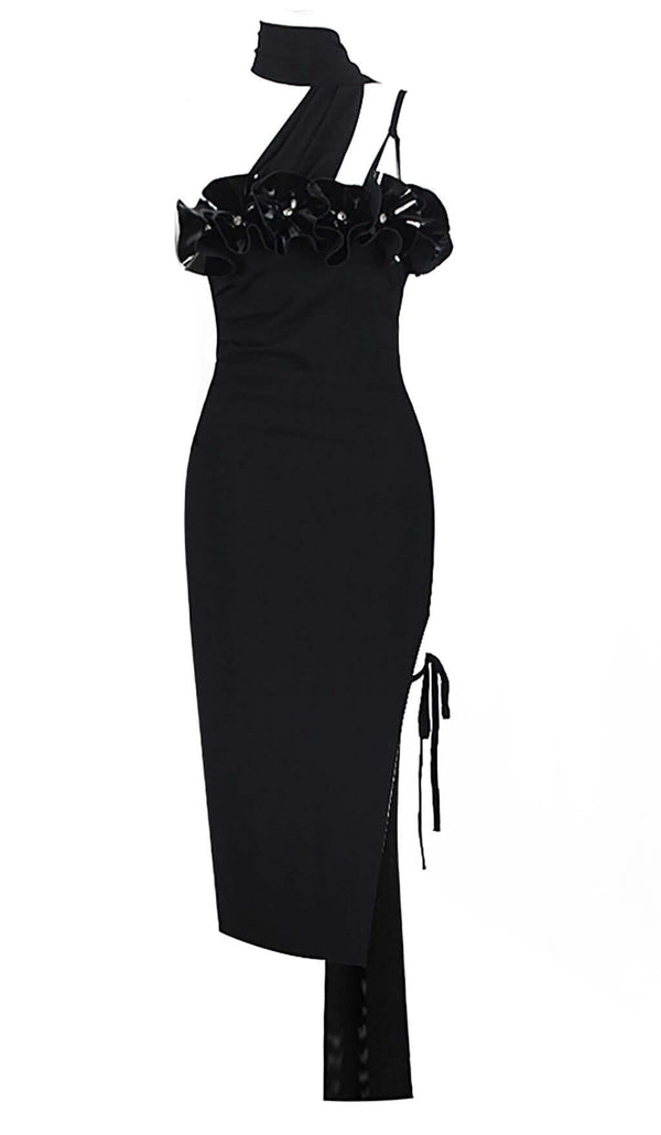 FLOWER SLEEVELESS WOOL CREP MIDI DRESS IN BLACK