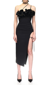 FLOWER SLEEVELESS WOOL CREP MIDI DRESS IN BLACK