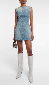 FRAYED DENIM MINI DRESS