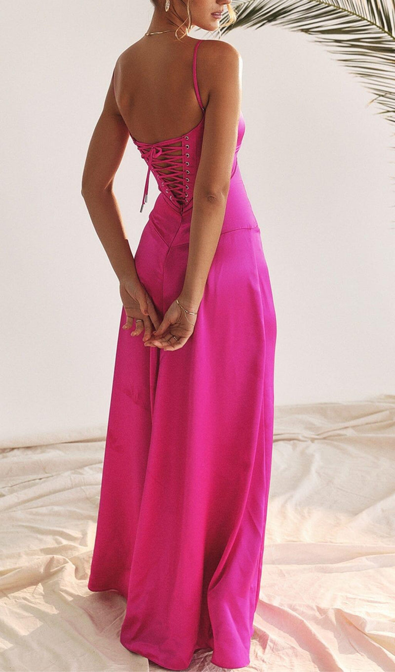 FUCHSIA LACE UP MAXI DRESS