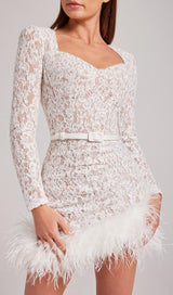 LACE FEATHER MINI DRESS IN WHITE