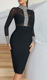 MESH LONG SLEEVE BANDAGE MIDI DRESS IN BLACK