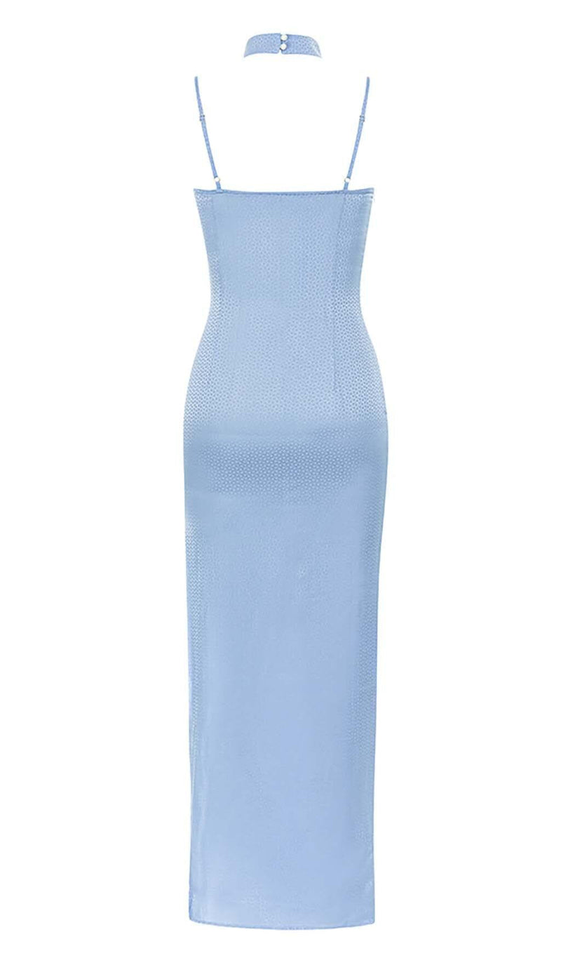 MOCK NECK SLIT MIDI DRESS IN BLUE