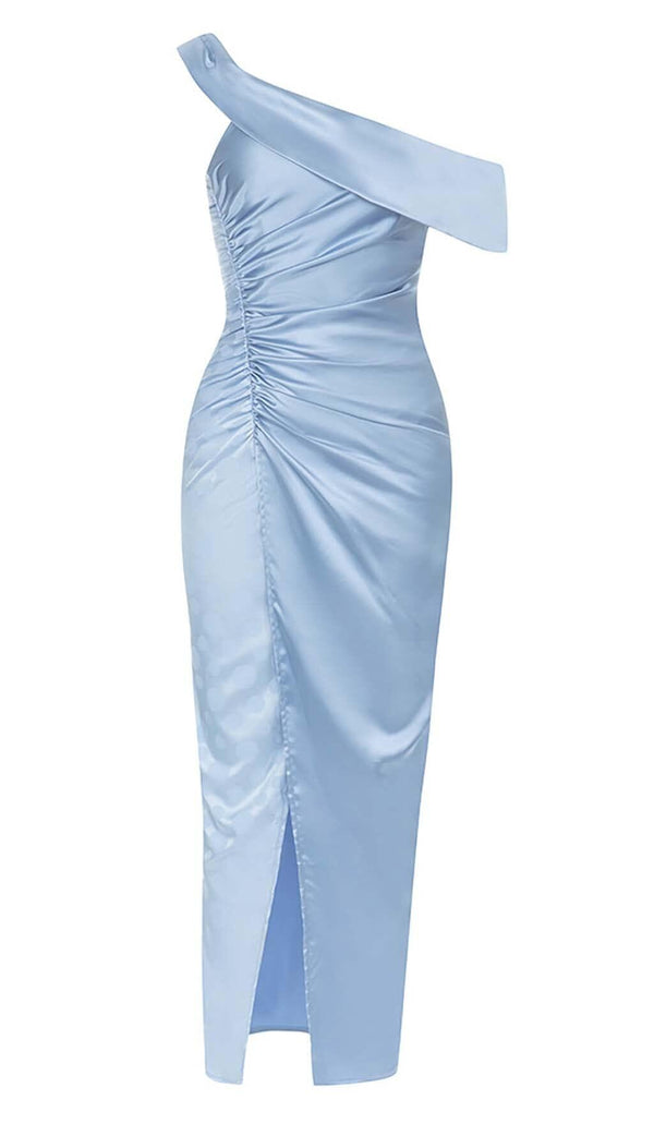 ONE SHOULDER RUCHED SLIT MAXI DRESS IN BLUE