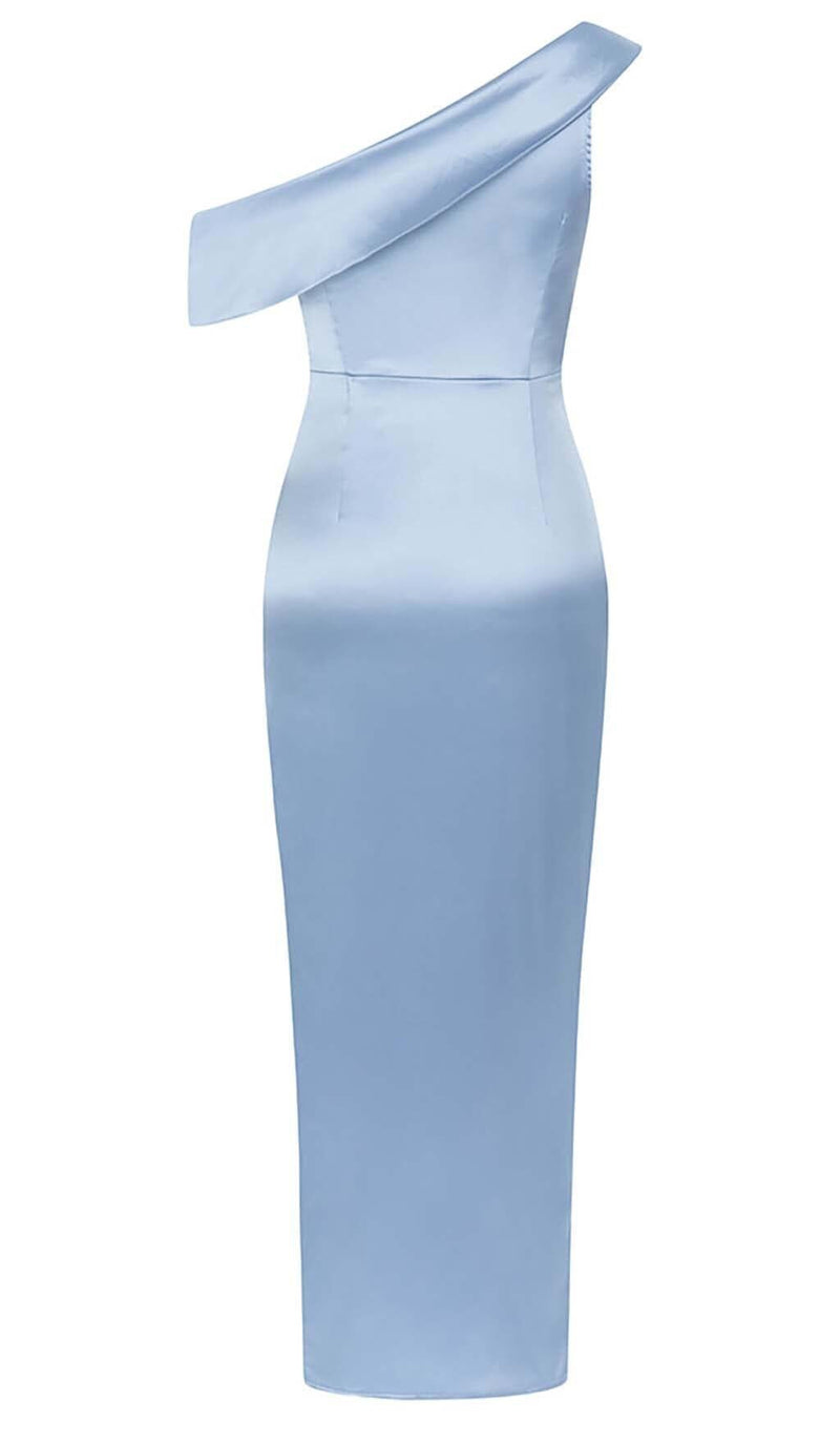 ONE SHOULDER RUCHED SLIT MAXI DRESS IN BLUE