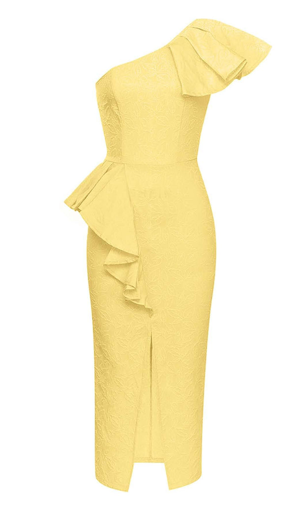 ONE SHOULDER RUFFLE MIDI DRESS IN YELLOW