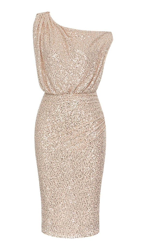 ONE SHOULDER SEQUIN MIDI DRESS IN ROSE GOLD