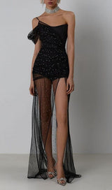 ONE-SHOULDER RHINESTONE MESH MAXI DRESS IN BLACK