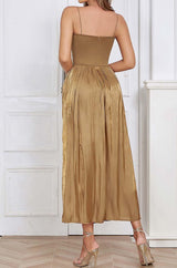 PLEATED STRAP MIDI DRESS IN TOBACCO