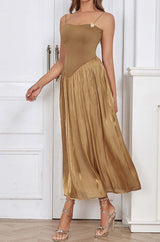 PLEATED STRAP MIDI DRESS IN TOBACCO