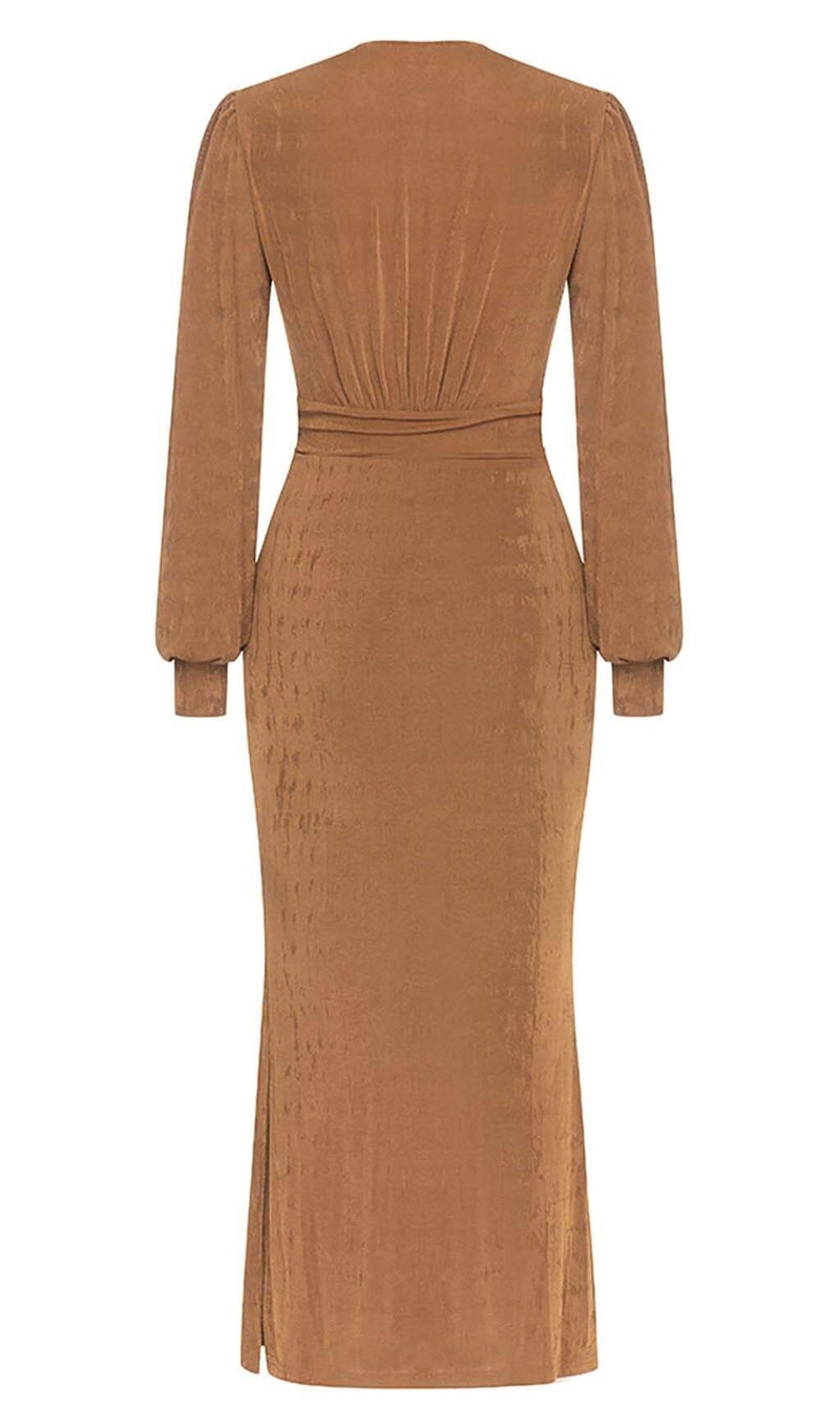 PLUNGE LONG SLEEVE MIDI DRESS IN BROWN