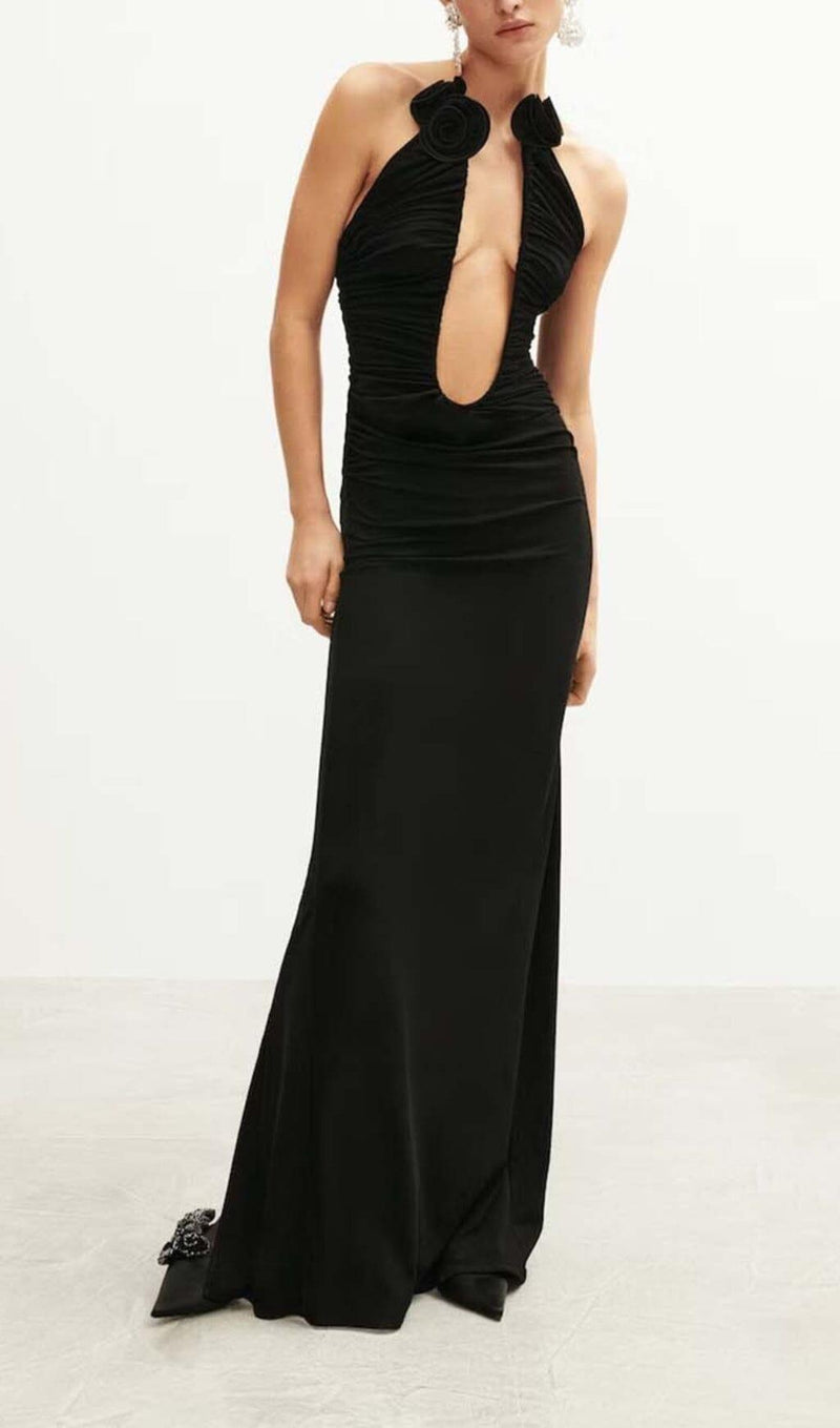 PLUNGING HALTER NECKLINE MAXI DRESS IN BLACK