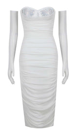 RUCHED BANDEAU MIDI DRESS IN WHITE