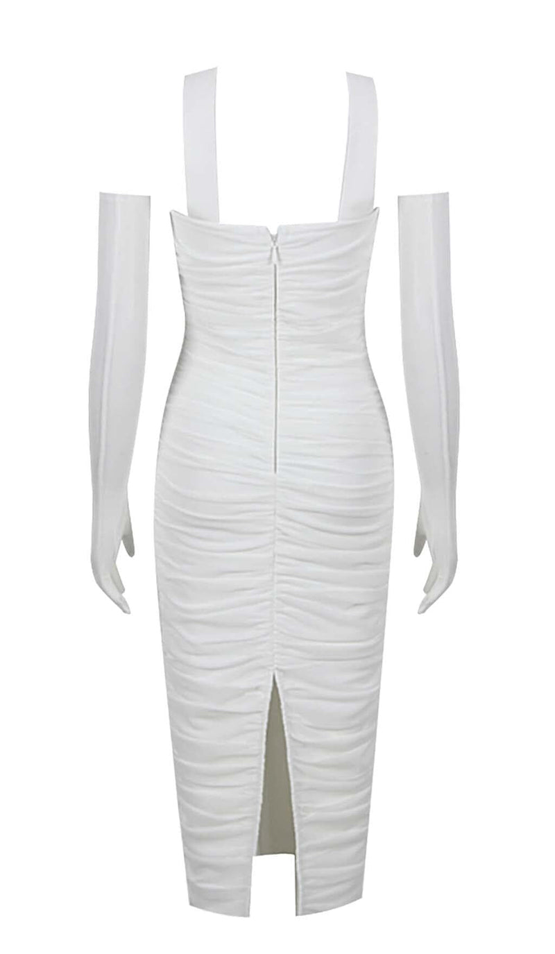 RUCHED BANDEAU MIDI DRESS IN WHITE