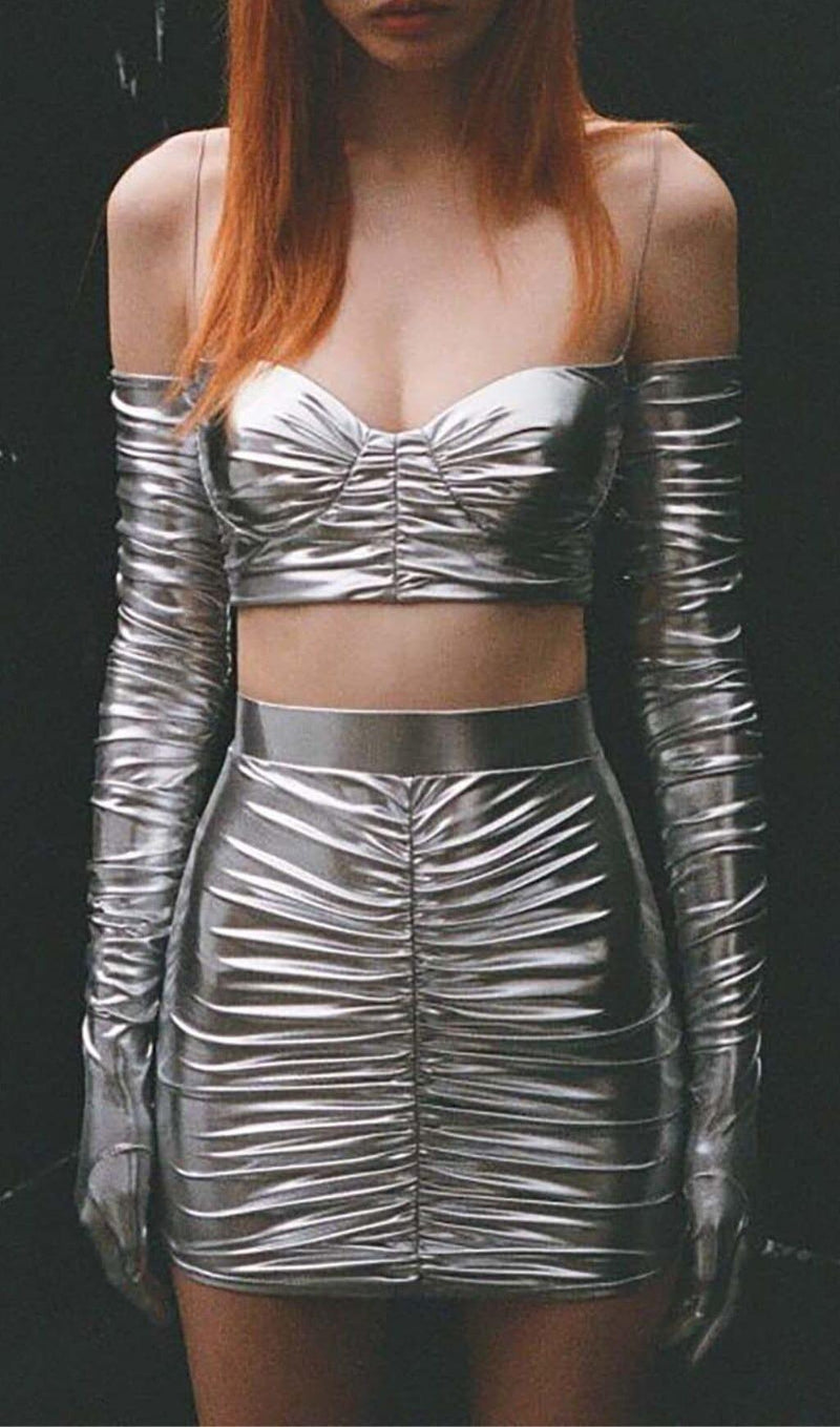 RUCHED BRALETTE AND SKIRT SET IN SLIVER