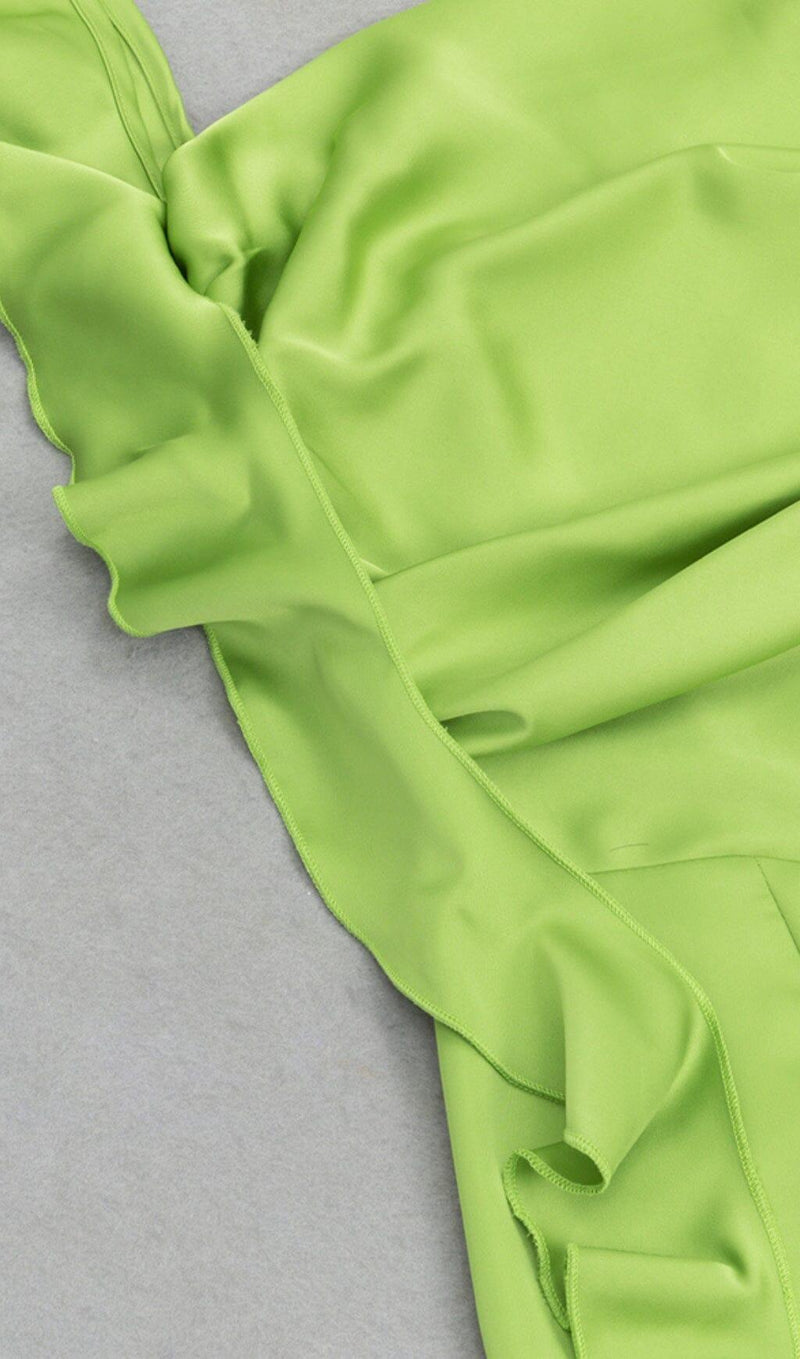 RUCHED SATIN MAXI DRESS IN GREEN