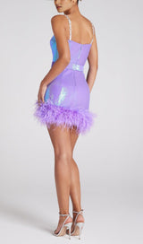 SEQUIN FEATHER BELT MINI DRESSS IN PURPLE