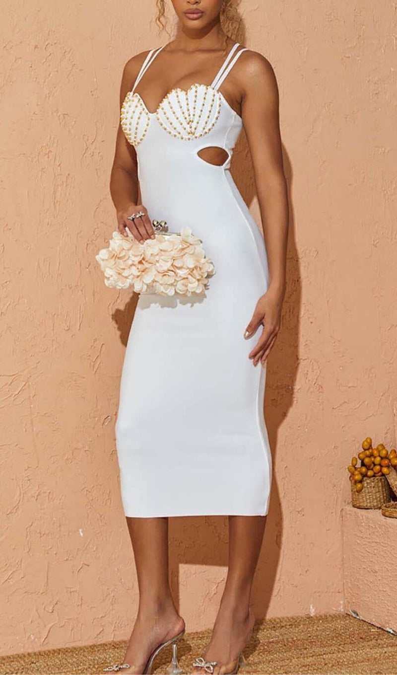 SHELL STRAP BEADING MIDI DRESS IN WHITE