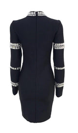 SILVER STONES LONG SLEEVE MINI DRESS IN BLACK